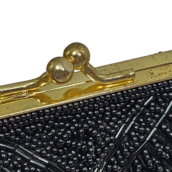 VTG BLACK HAND BEADED EVENING PURSE BAD CLUTCH CLAM SHELL DATE WEDDING PROM GOLD - Picture 8 of 13